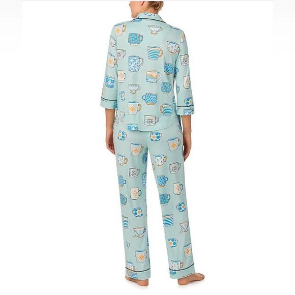 kate spade XLβLight Blue Tea Coffee Print Notch Collar 3/4 Sleeve Pants PJ Set - Picture 4 of 17